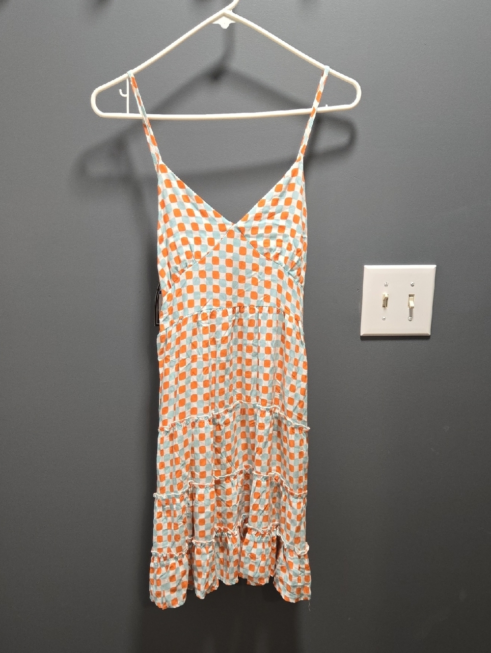 Just Polly Spaghetti-Strap Tiered Dress With Checkers